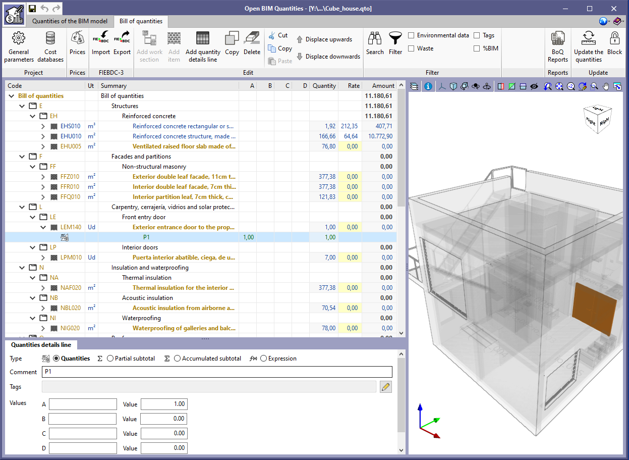 Open BIM Quantities and applications with the Bill of Quantities tab